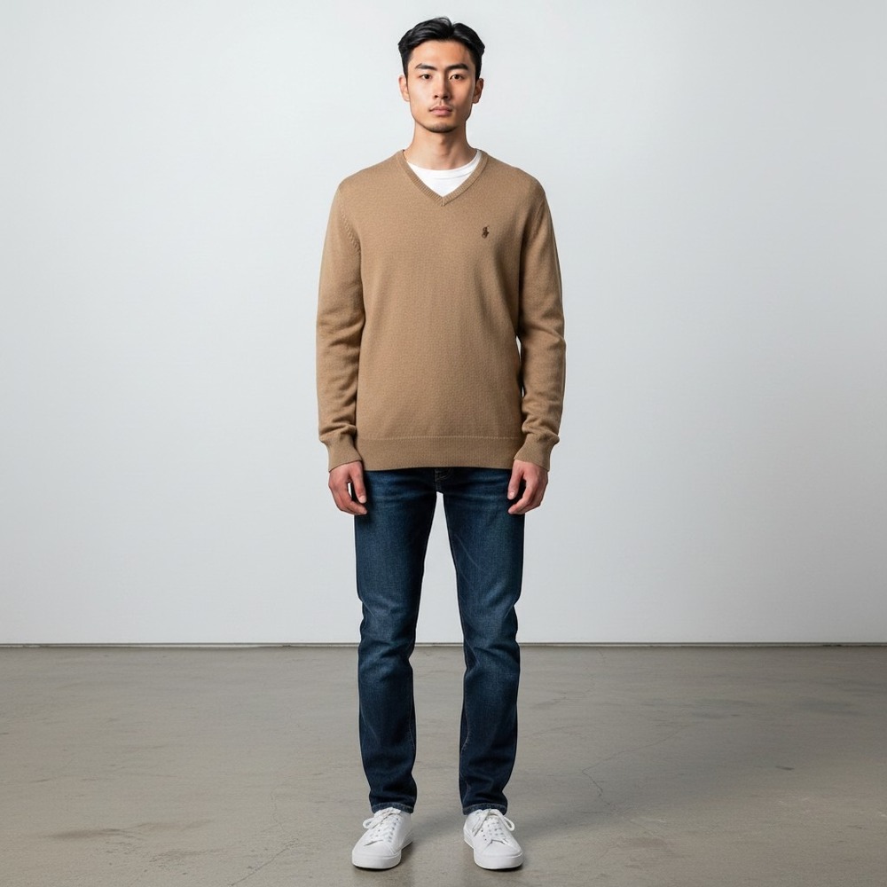 Polo Ralph Lauren Sweater M V-Neck Y2K Lambswool Tan Pony Logo